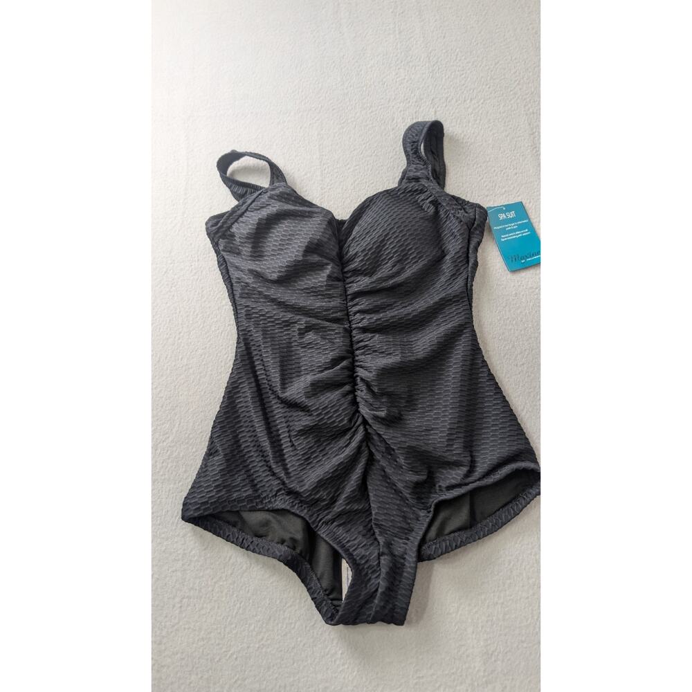 Maxine of Hollywood Solid Textured Spa Shirred Girl Leg One Piece Swimsuit Black